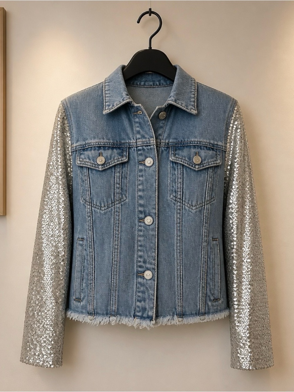 Light Blue Denim Jacket with Silver Sequin Sleeves